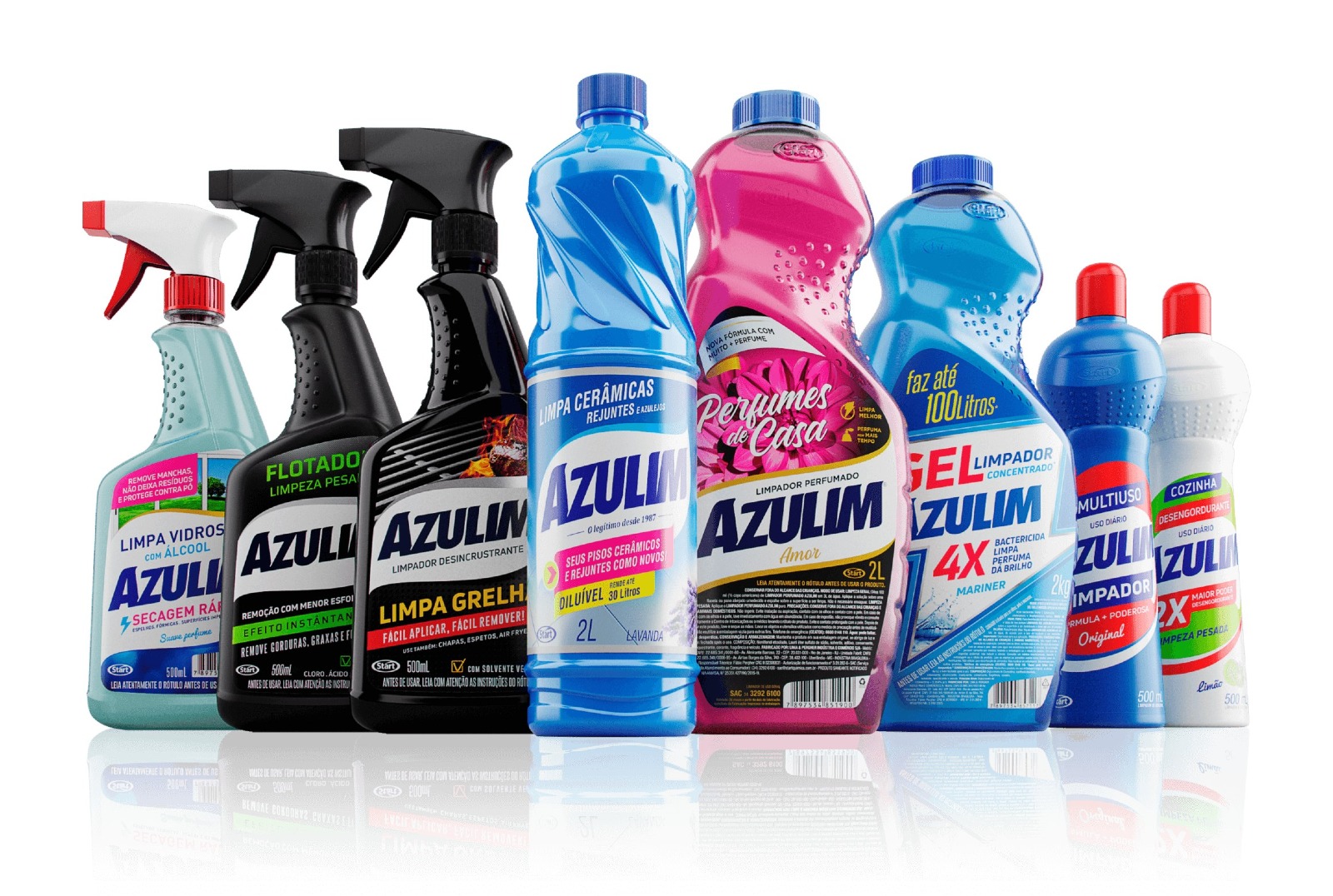 Foto com oito produtos Azulim. Entre eles, o limpa cerâmicas é o que está em posição de maior destaque. 