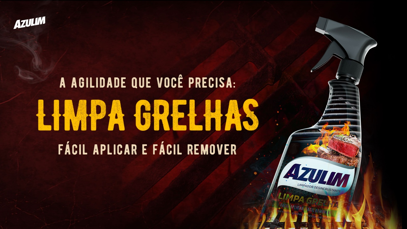 Imagem de divulgação com uma grelha em chamas ao fundo. Em destaque há embalagem do Limpa Grelha e frase de efeito.  