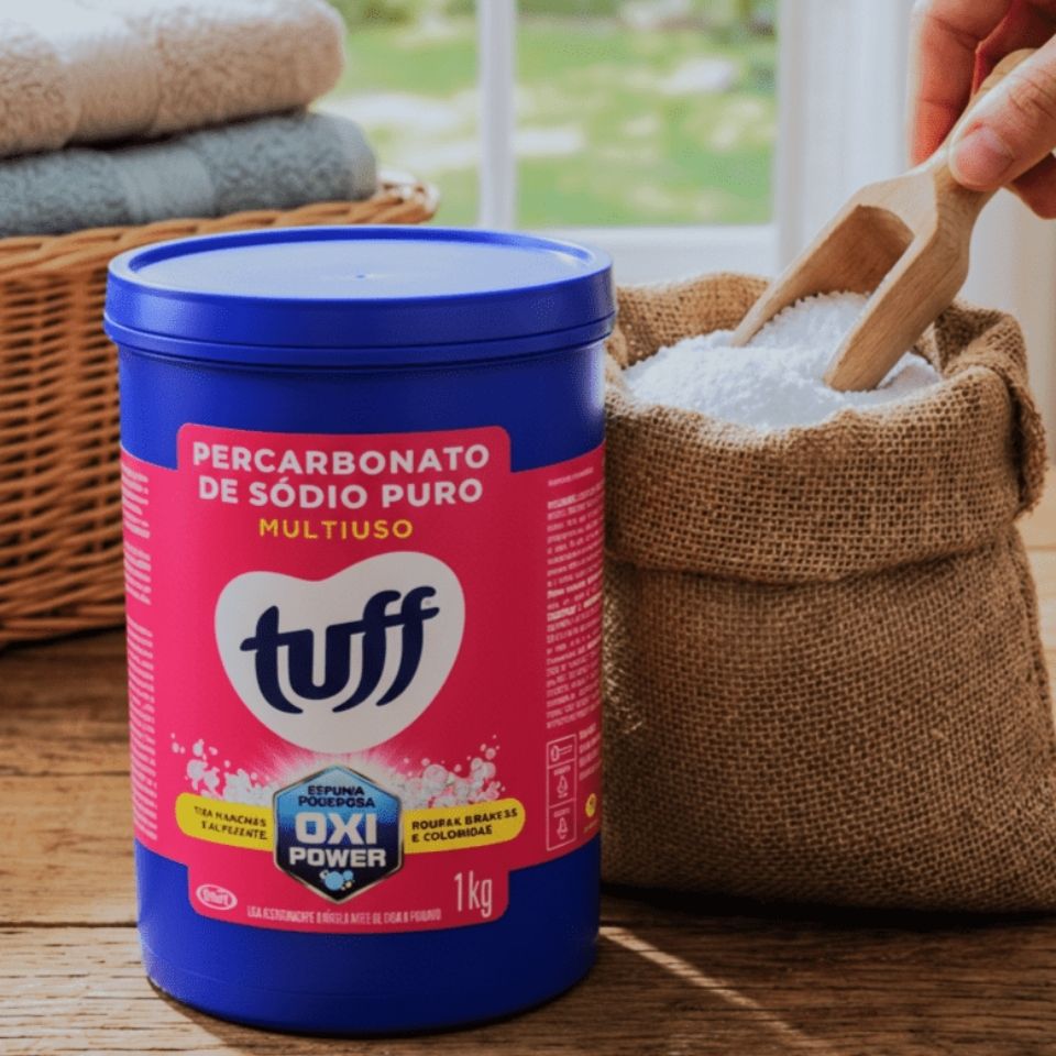 O tuff-tuff do coração da lavanderia bate mais forte com o novo Percarbonato de Sódio Puro Multiuso Tuff.