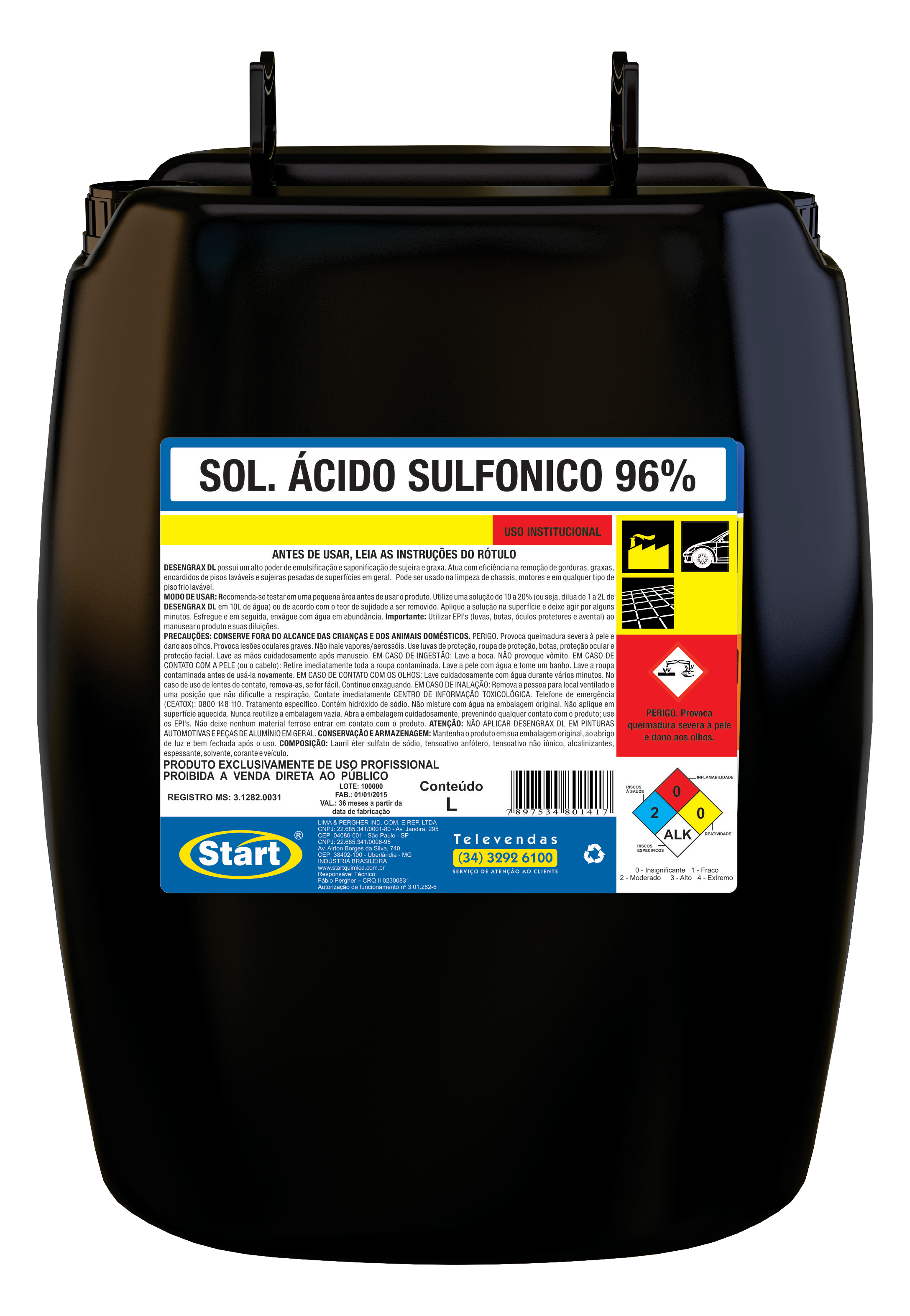 SOLUÇÃO ÁCIDO SULFÔNICO 96% 52KG (50L)