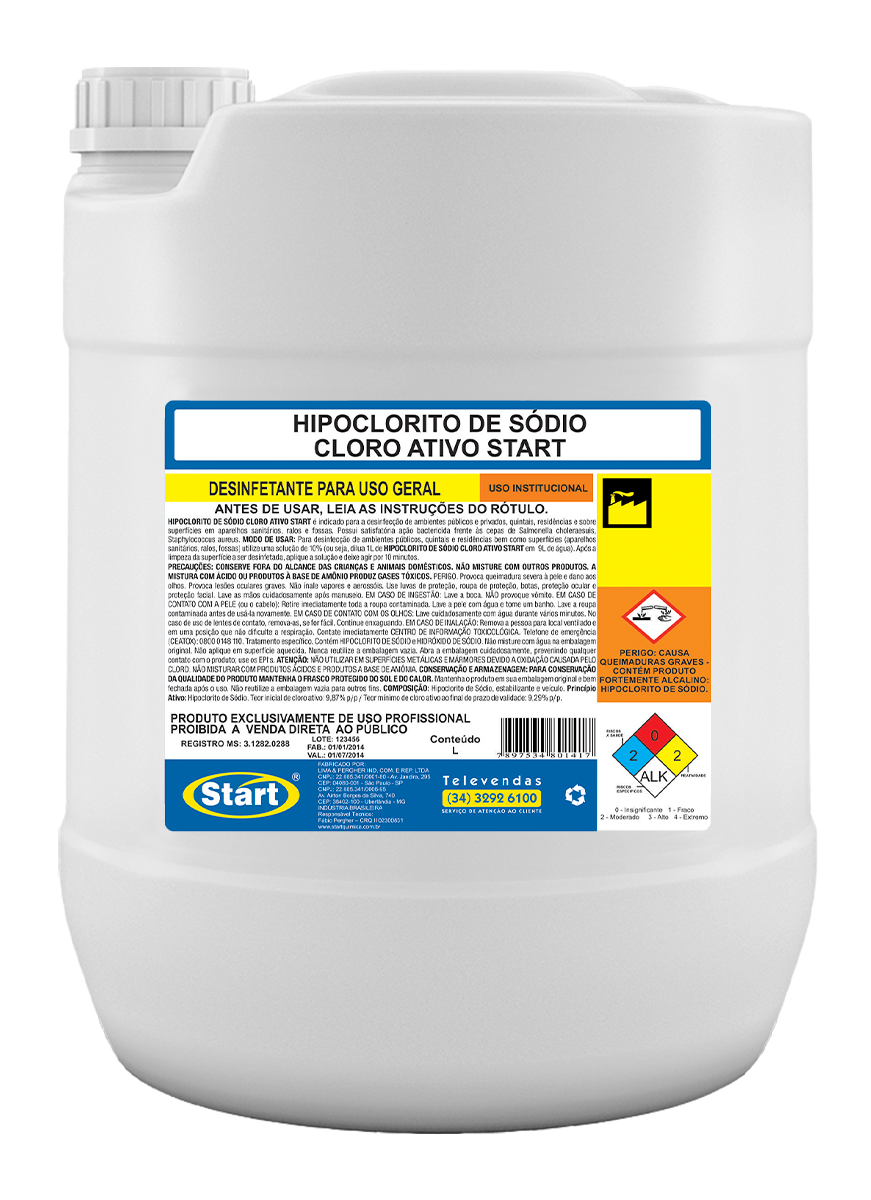 HIPOCLORITO DE SÓDIO 20L (25KG) CLORO ATIVO START